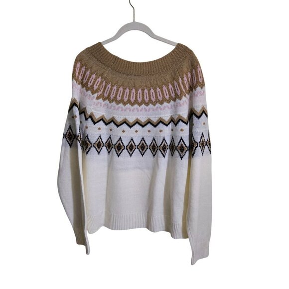 Crown & Ivy Cream Gold Fair Isle Pullover Crewneck Sweater Size XL - Picture 3 of 8